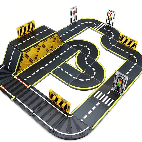 A magnetic road building blocks set featuring a winding race track with traffic lights and barriers.