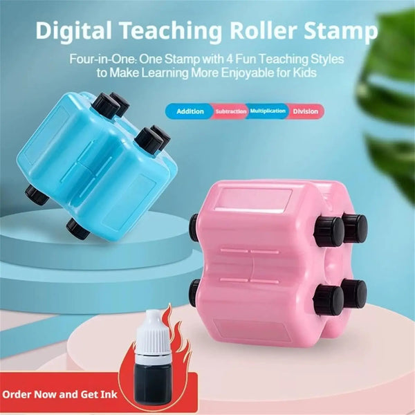 A set of four colorful roller stamps for teaching math operations, including addition, subtraction, multiplication, and divis