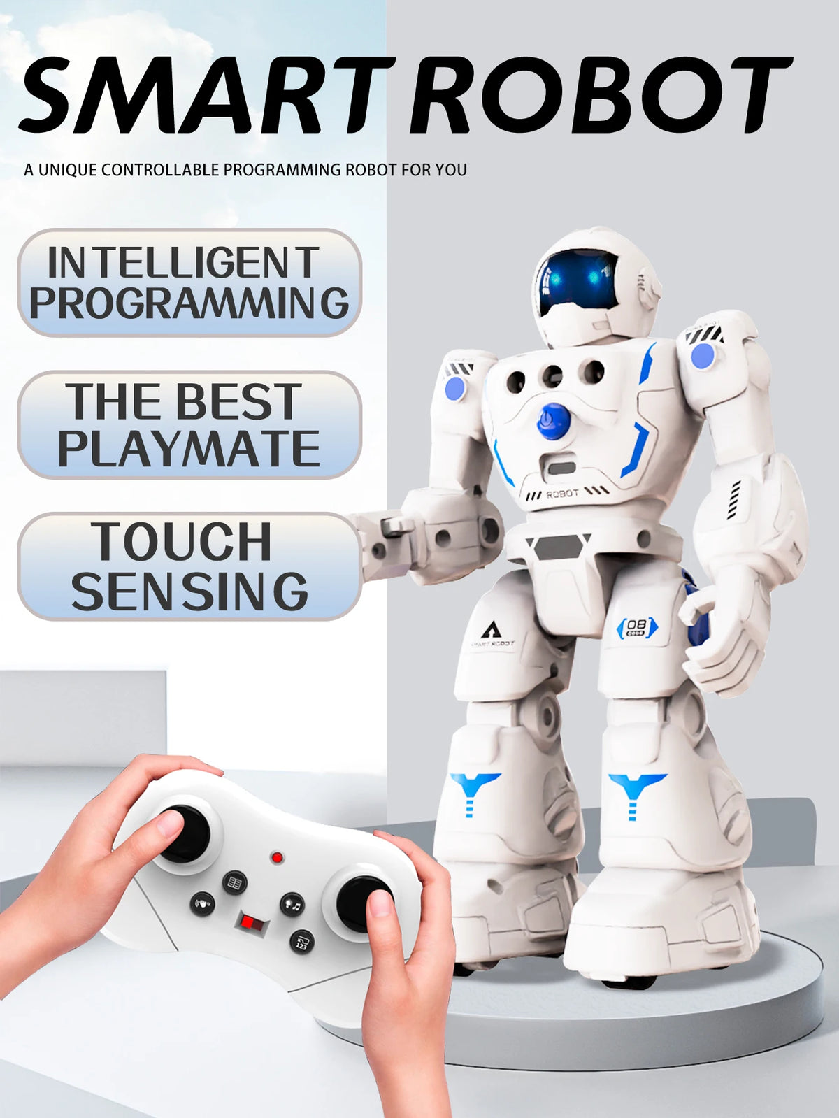 A white robot toy standing next to a remote control, demonstrating intelligent programming and touch sensing features.