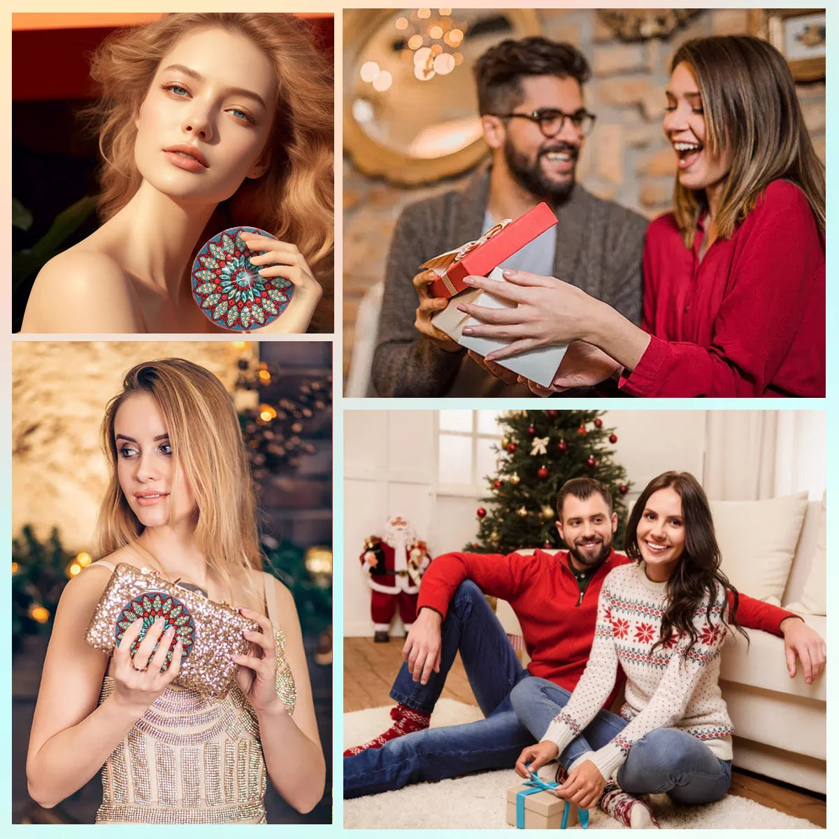 A collage showing women using a DIY diamond art folding mirror with a leather cover for crafting and fun.