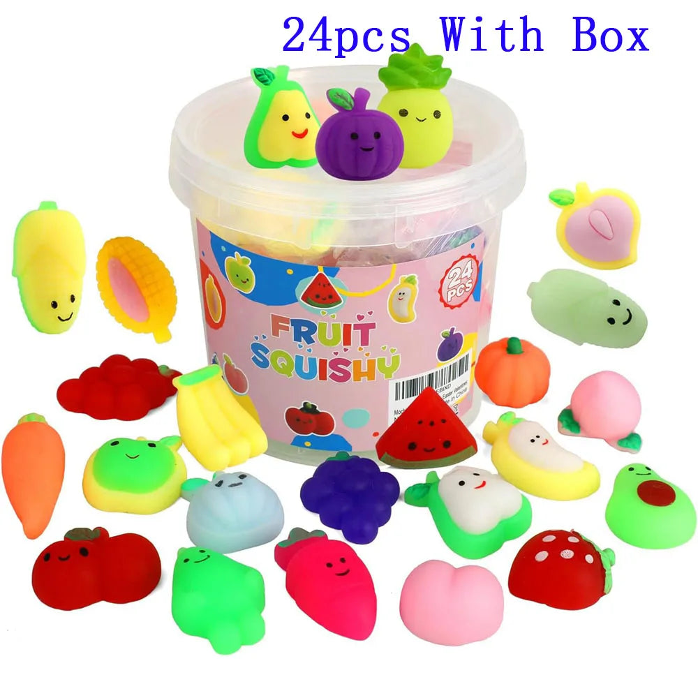 24 pieces of mini kawaii fruit and vegetable squishy toys with a box