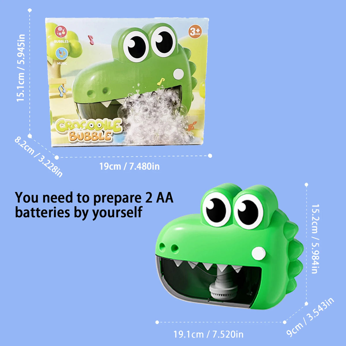 A green crocodile bubble toy with large eyes and a mouth, shown next to its battery compartment.