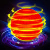 A vibrant red sphere with glowing yellow rings is surrounded by blue and purple light effects.