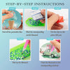 Step-by-step instructions for a diamond painting craft kit showing the process of applying diamonds to a coaster.