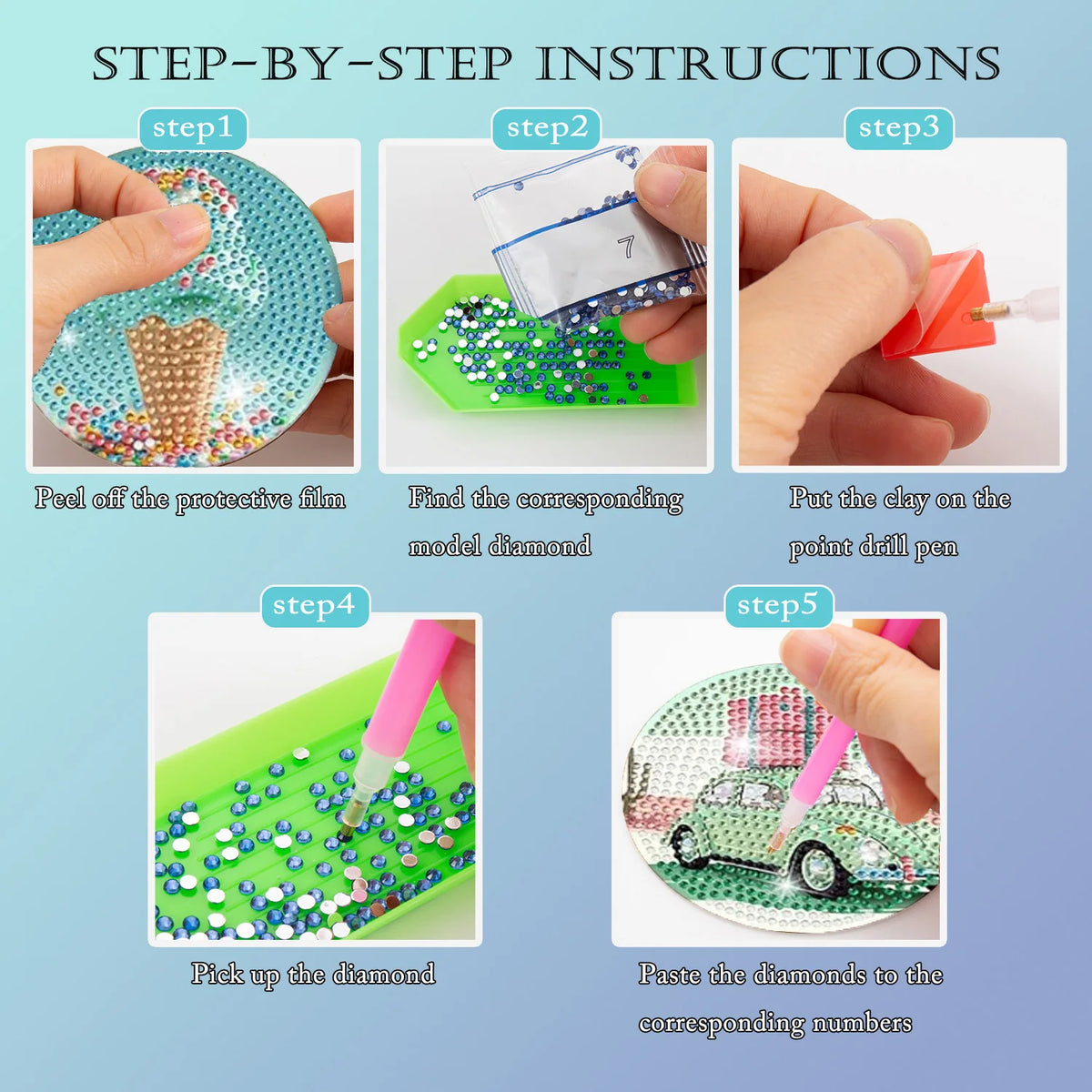 Step-by-step instructions for a diamond painting craft kit showing the process of applying diamonds to a coaster.