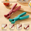 A set of silicone pot grippers and metal tongs shown in various applications like gripping a ceramic bowl, glass bowl, iron p