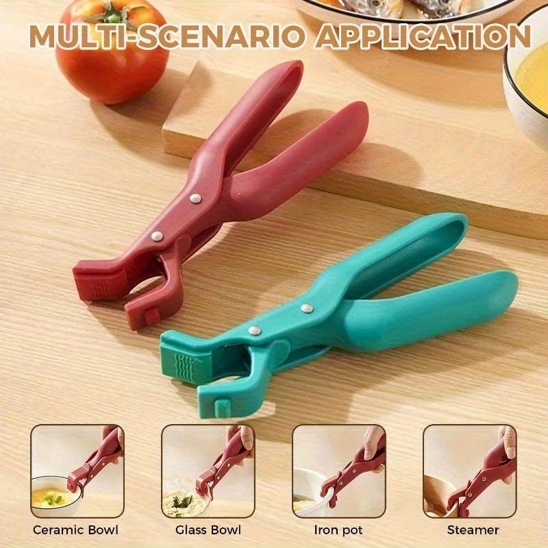 A set of silicone pot grippers and metal tongs shown in various applications like gripping a ceramic bowl, glass bowl, iron p