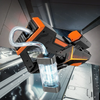 An orange and black sci-fi water blaster is shown firing a stream of water in a futuristic setting.