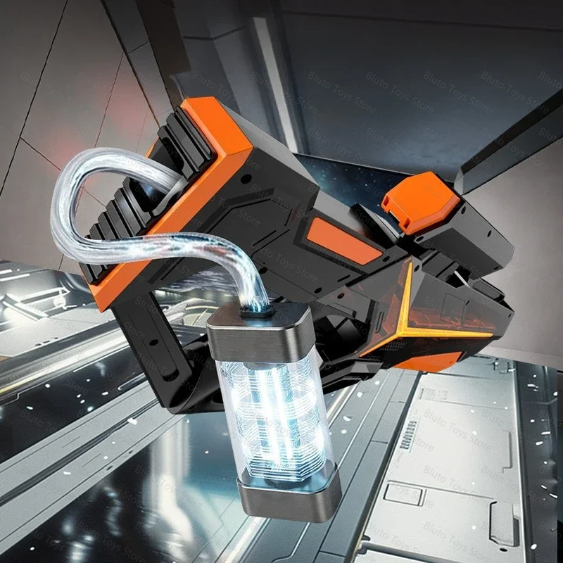An orange and black sci-fi water blaster is shown firing a stream of water in a futuristic setting.