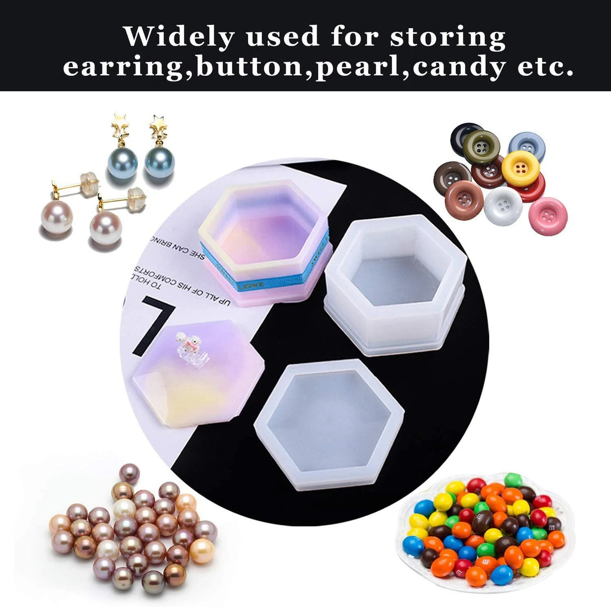 3-Piece Silicone Resin Mold Set with Lids — Heart, Hexagon & Flower Shapes