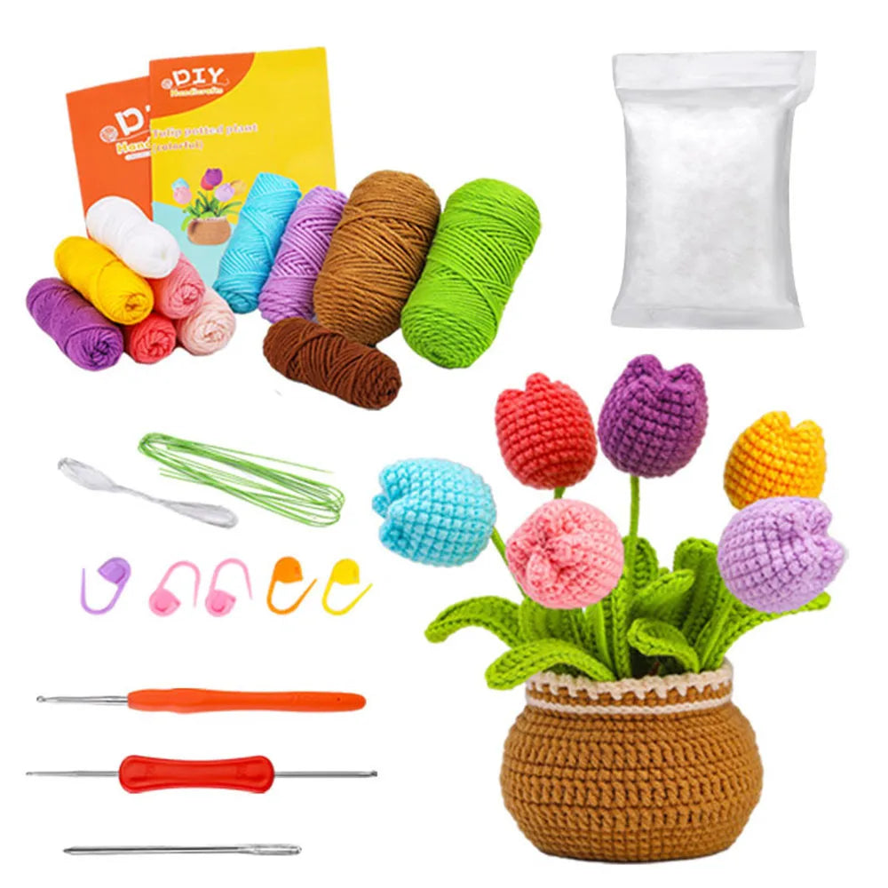 A DIY potted plant crochet kit showing various yarn colors, needles, and a finished crocheted plant in a woven pot.