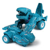 A teal dinosaur transforming car toy with a green body and purple accents.