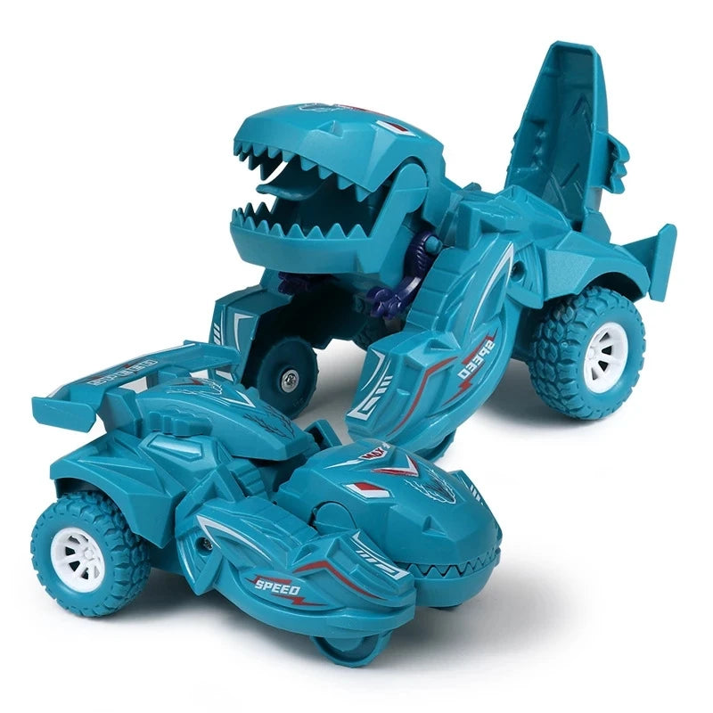 A teal dinosaur transforming car toy with a green body and purple accents.