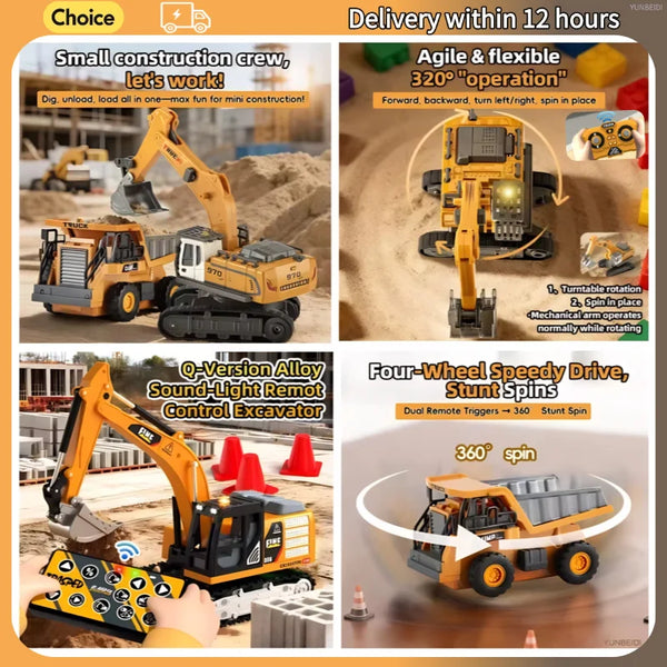 Véhicule de construction RC miniature 1:64 à double commande, avec une pelle jaune et une petite équipe de chantier