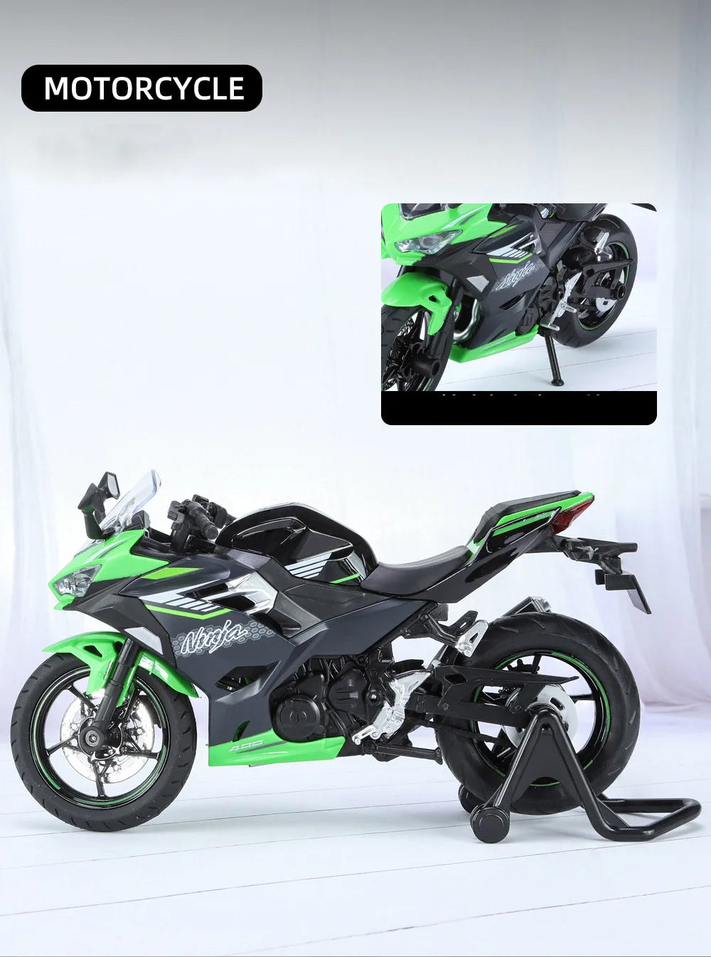 A green and black 1:12 scale Ninja motorcycle diecast model with lights and sound displayed on a white background.