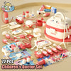 A set of 72 children's doctor tools and a pink carry case for pretend play.