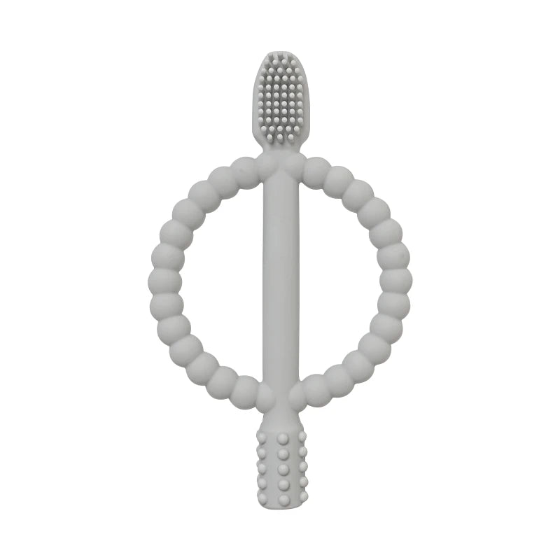 A white soft silicone baby teether with easy-grip handles.