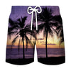 Men's beach swim shorts featuring a tropical coconut tree print against a sunset background.