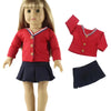 A casual outfit set for an 18-inch doll featuring a red shirt and navy skirt.