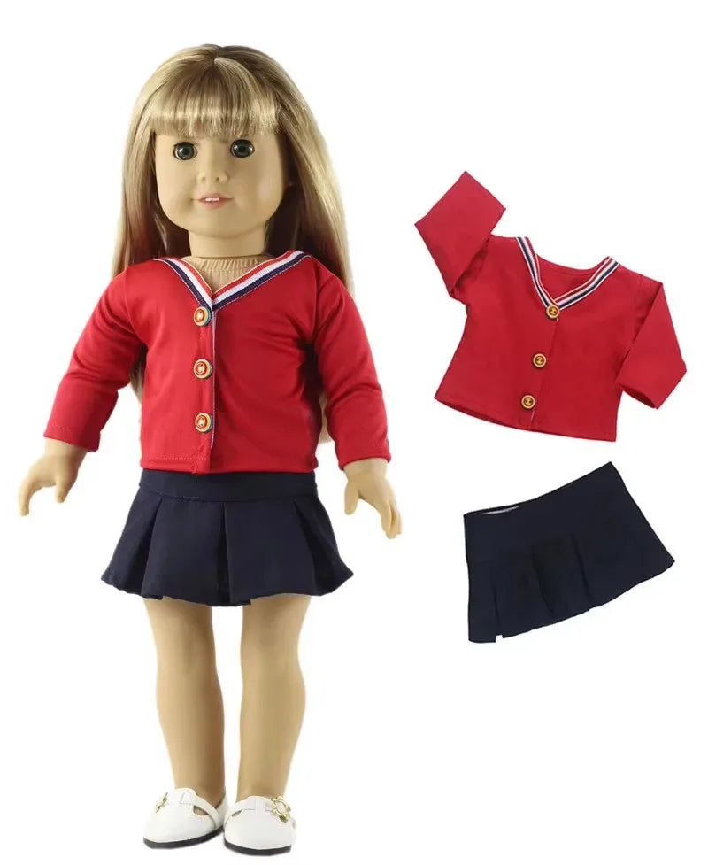 A casual outfit set for an 18-inch doll featuring a red shirt and navy skirt.