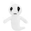 A white plush toy resembling a ghost with black dripping eyes and a stitched mouth.