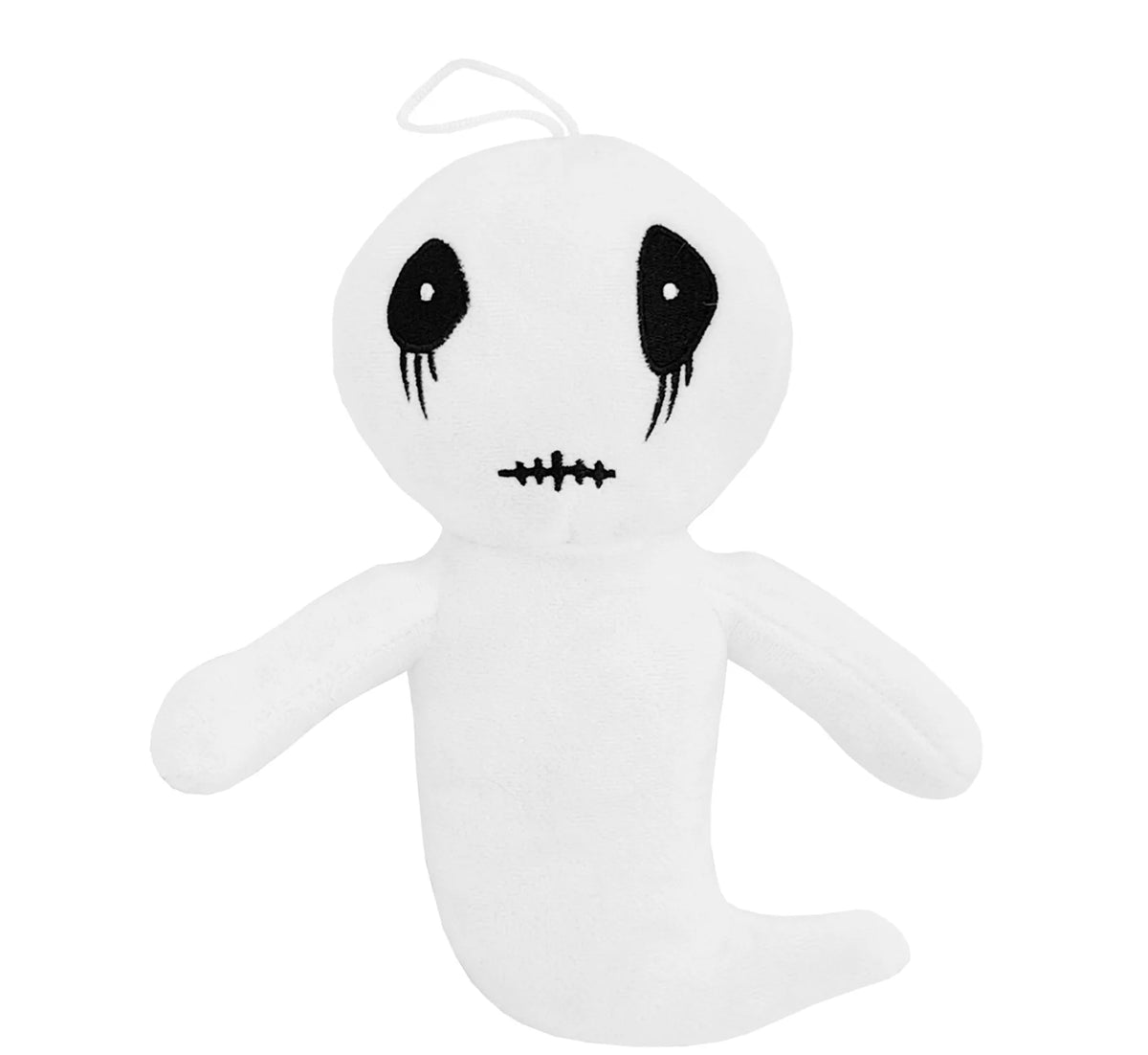 A white plush toy resembling a ghost with black dripping eyes and a stitched mouth.