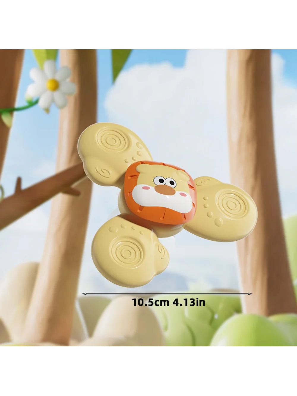 A yellow and orange spinning bath toy set featuring a face design is shown against a blurred background of green fruit.