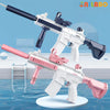 White and pink electric battery-powered water guns with detachable bottles shown in an outdoor water context.