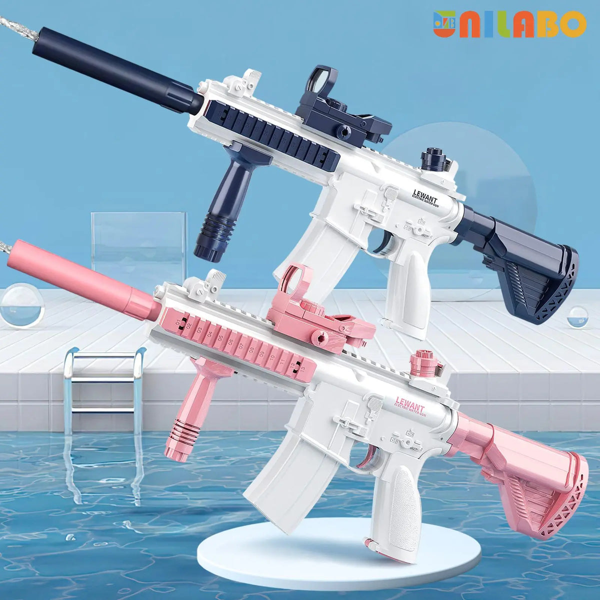 White and pink electric battery-powered water guns with detachable bottles shown in an outdoor water context.