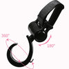 Black universal multi-purpose stroller hooks with a swivel design shown in various angles