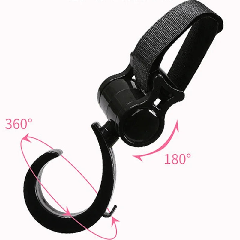 Black universal multi-purpose stroller hooks with a swivel design shown in various angles