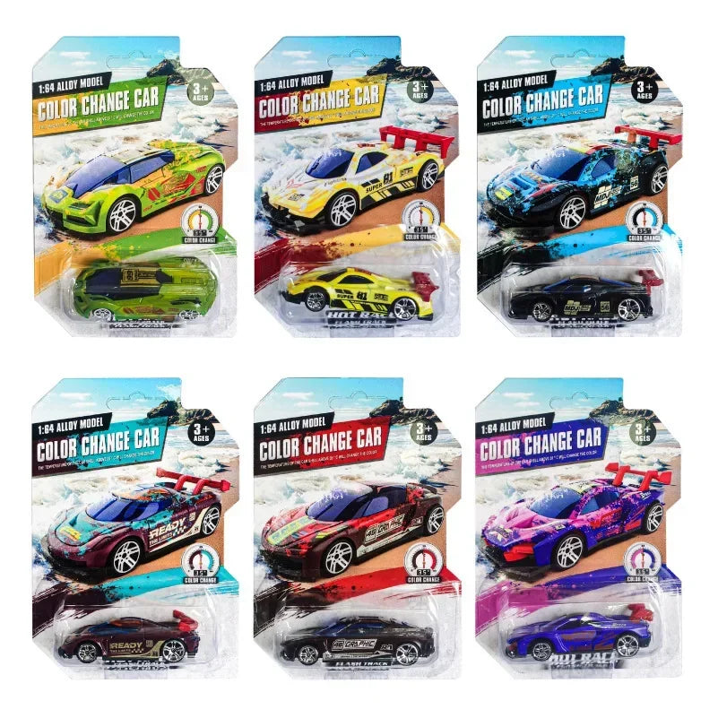 A set of six temperature-sensitive color changing pull-back racing cars in various colors and models.