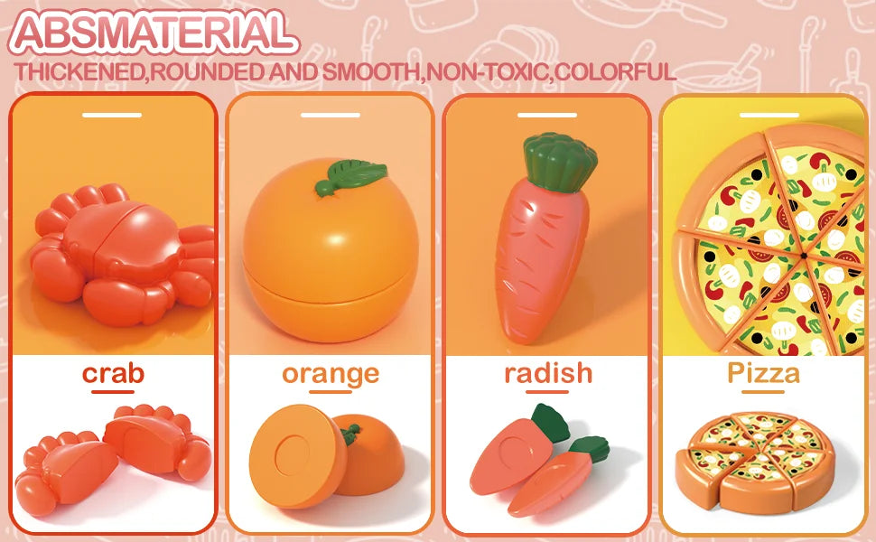 A set of plastic pretend play food including a crab, orange, radish, and pizza slices.