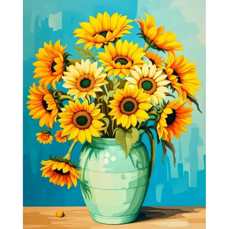 A bouquet of bright yellow sunflowers in a green vase against a blue background.