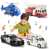 A set of emergency vehicle playsets including a blue helicopter, a red ambulance, and a black police car.