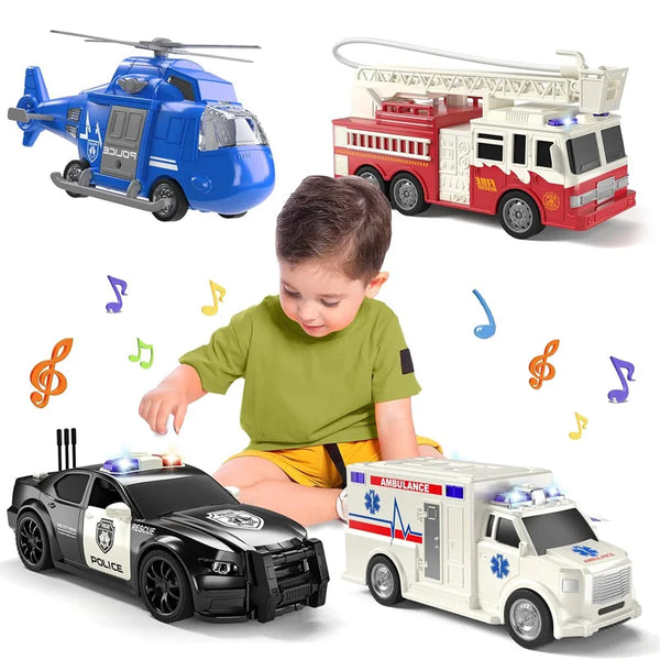 A set of emergency vehicle playsets including a blue helicopter, a red ambulance, and a black police car.