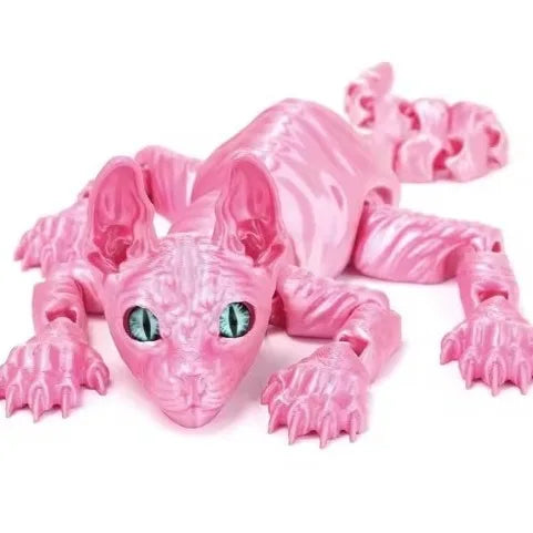 A pink articulated 3D printed figurine of a Sphynx cat with wrinkled skin.