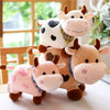 A soft, adorable cow plush toy with brown and white coloring sitting on a white surface.