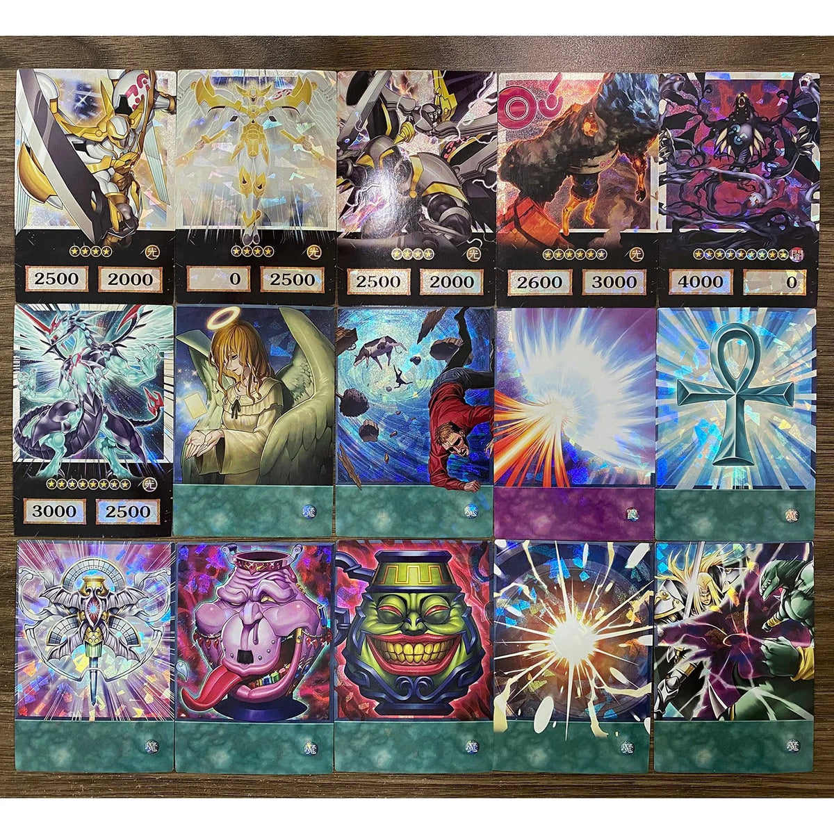 A collection of Yu-Gi-Oh! anime style trading cards featuring classic monsters and Egyptian gods.