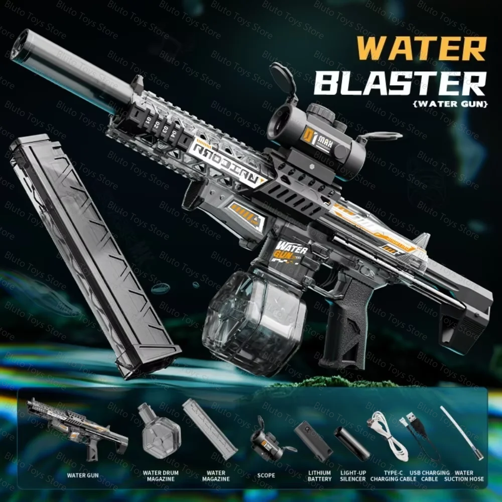 A black water blaster gun with a barrel and magazine is shown against a dark background.