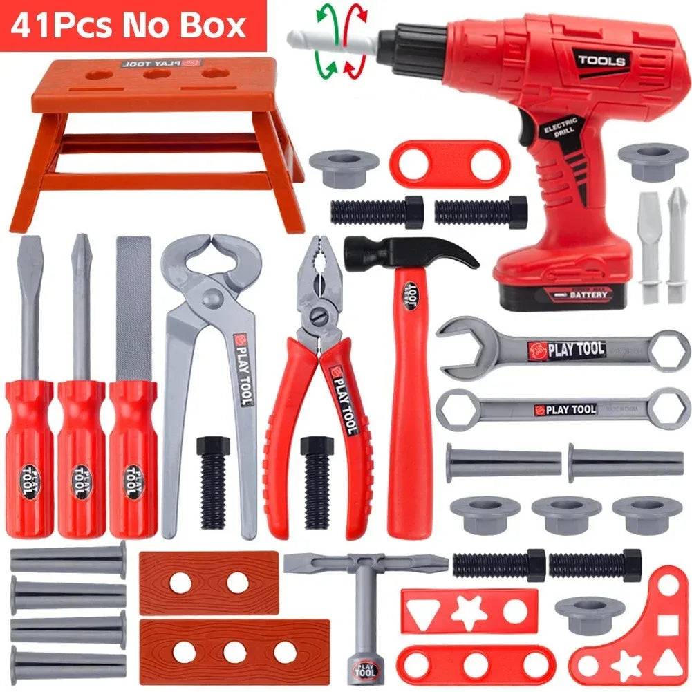 A red electric drill and various tools including screwdrivers pliers hammers and various plastic parts for a kids pretend pla