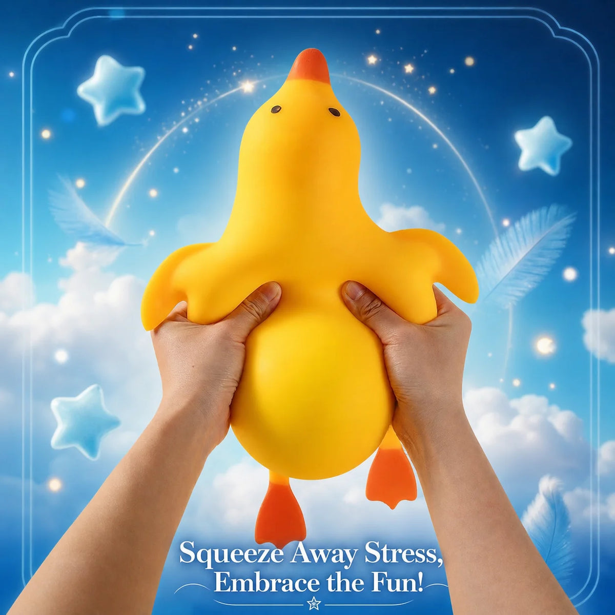 Hands squeezing a large yellow squishy duck stress ball against a blue sky background.