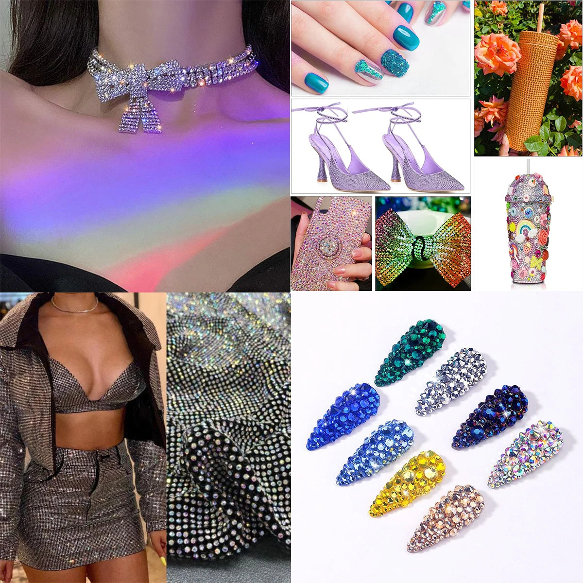 A collection of premium glass crystal flatback rhinestones for nail art and crafts in various colors and shapes.