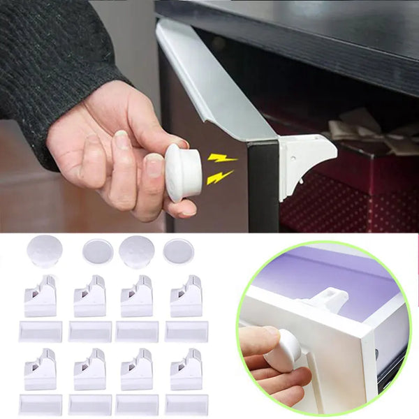 A hand is shown installing a magnetic cabinet door lock for child safety onto a cabinet door.