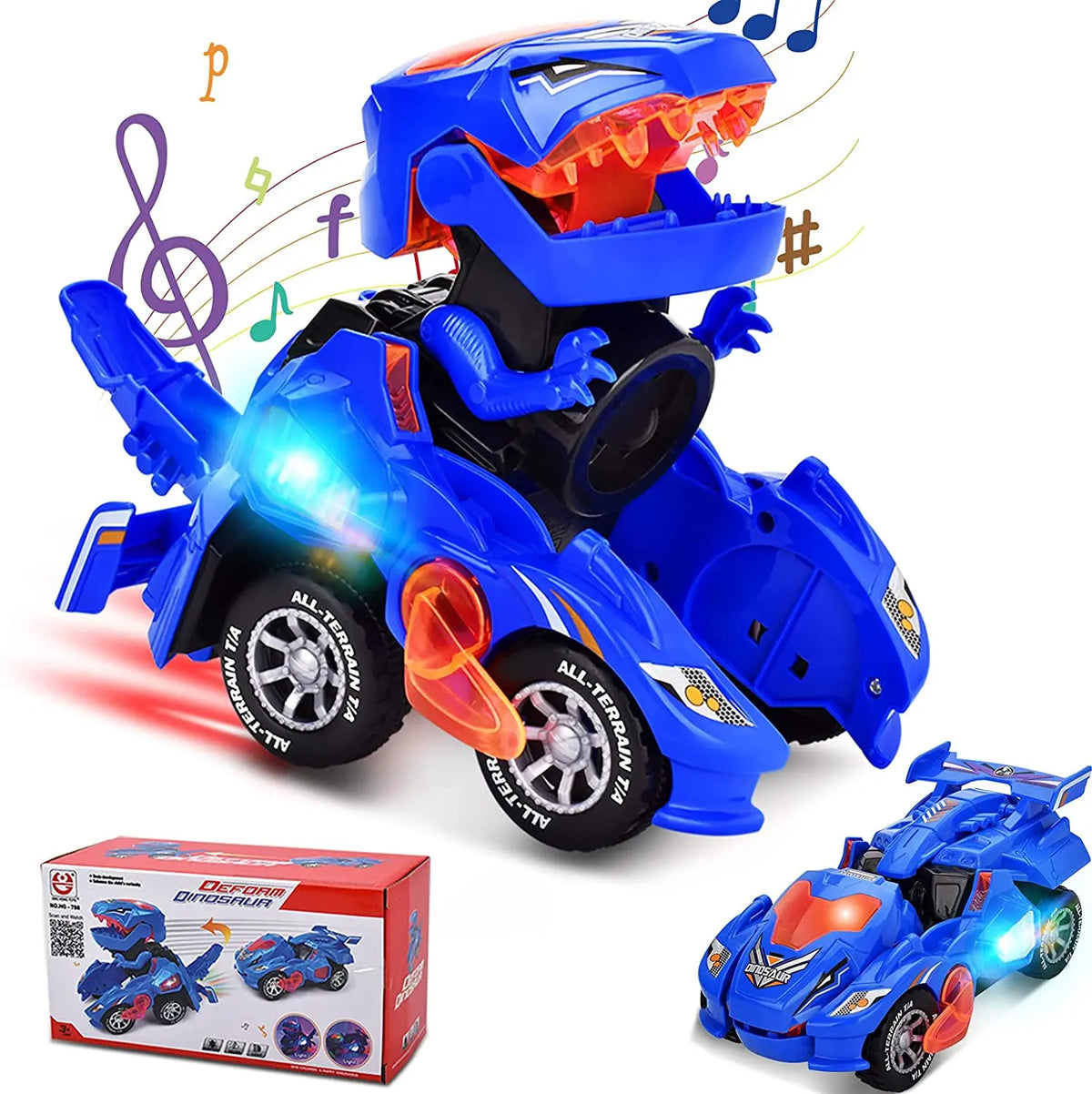 A blue and orange 2-in-1 transforming dinosaur car toy with a transparent light feature.