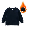 Navy blue kids pullover hoodie with a black handprint design and an orange flame background