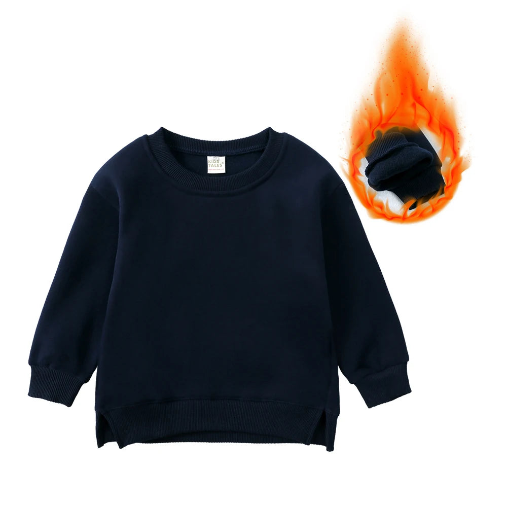 Navy blue kids pullover hoodie with a black handprint design and an orange flame background