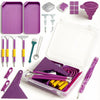 A purple diamond painting organizer kit featuring trays, dotting pens, and various tools in an open case.