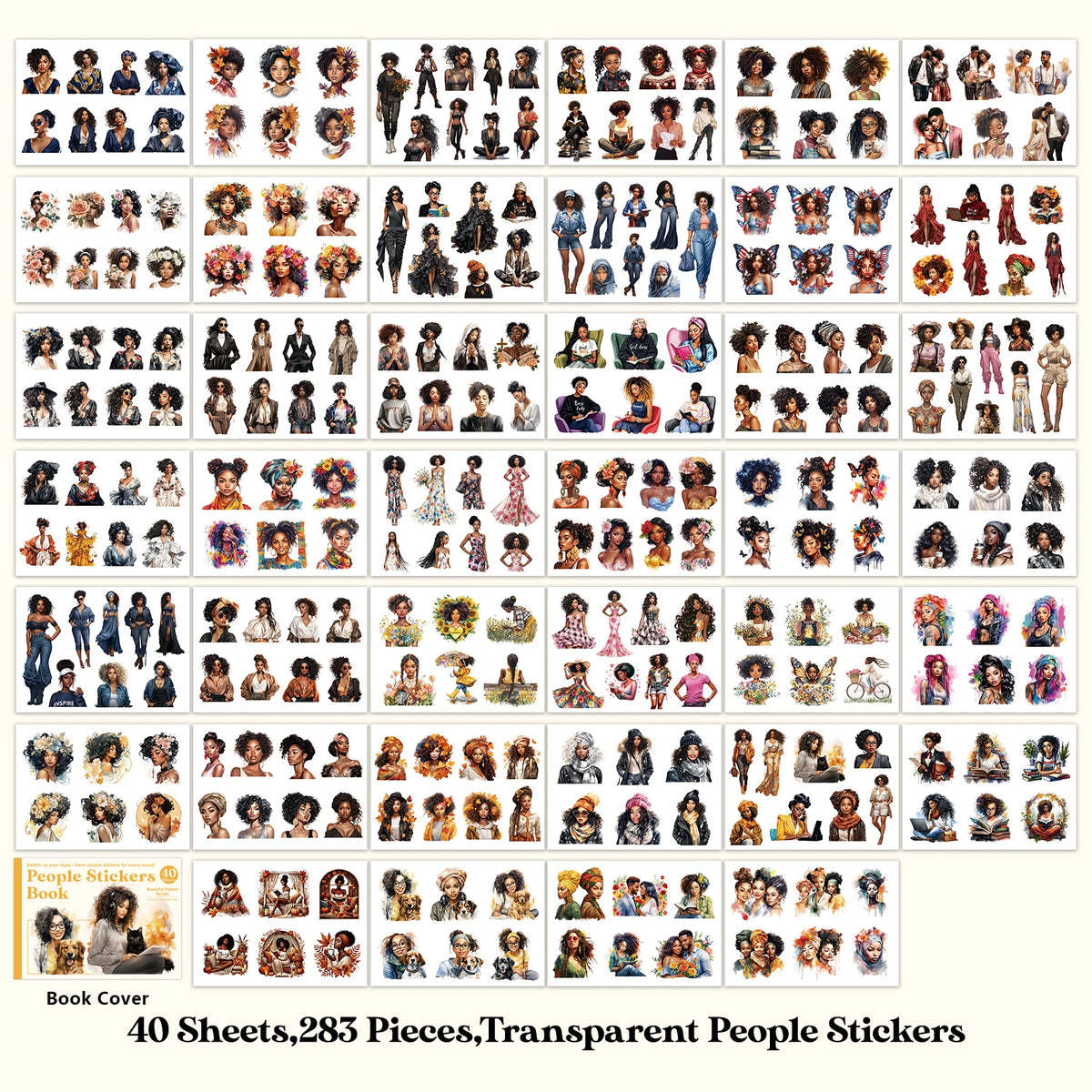 A collection of 40 sheets containing 283 transparent people stickers for scrapbooking and decor