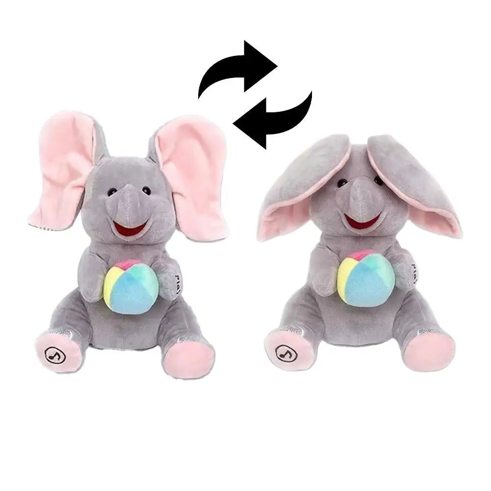 Un ours en peluche gris avec des oreilles roses et une balle colorée, vu de face.